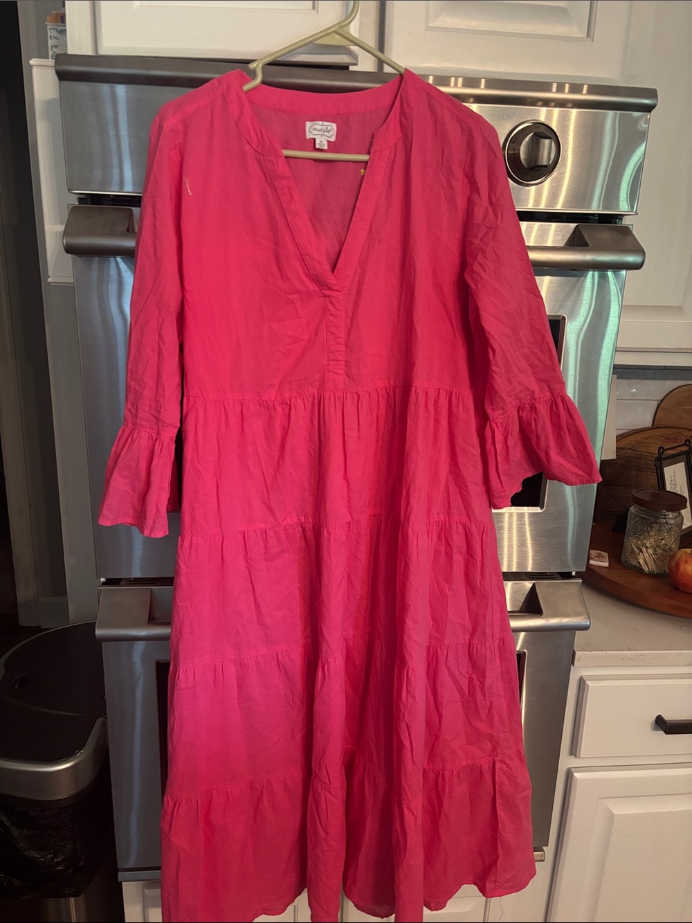 Mud Pie Hot Pink Tiered V-Neck Midi Dress